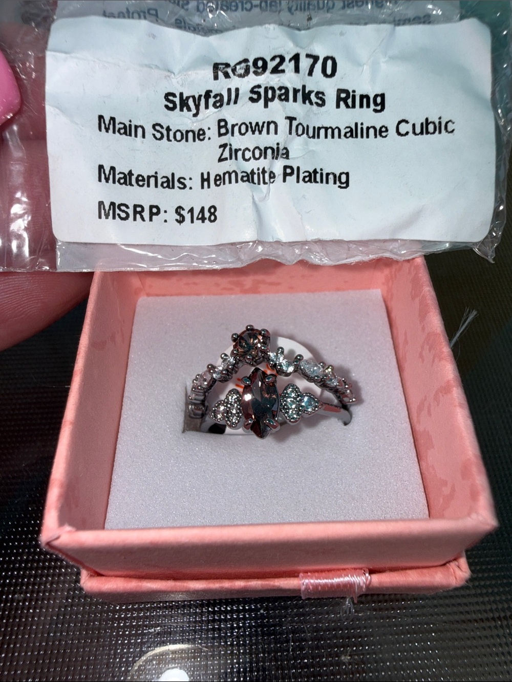 Skyfall Sparks Brown Tourmaline Cubic Zirconia Ring - Hematite Plating